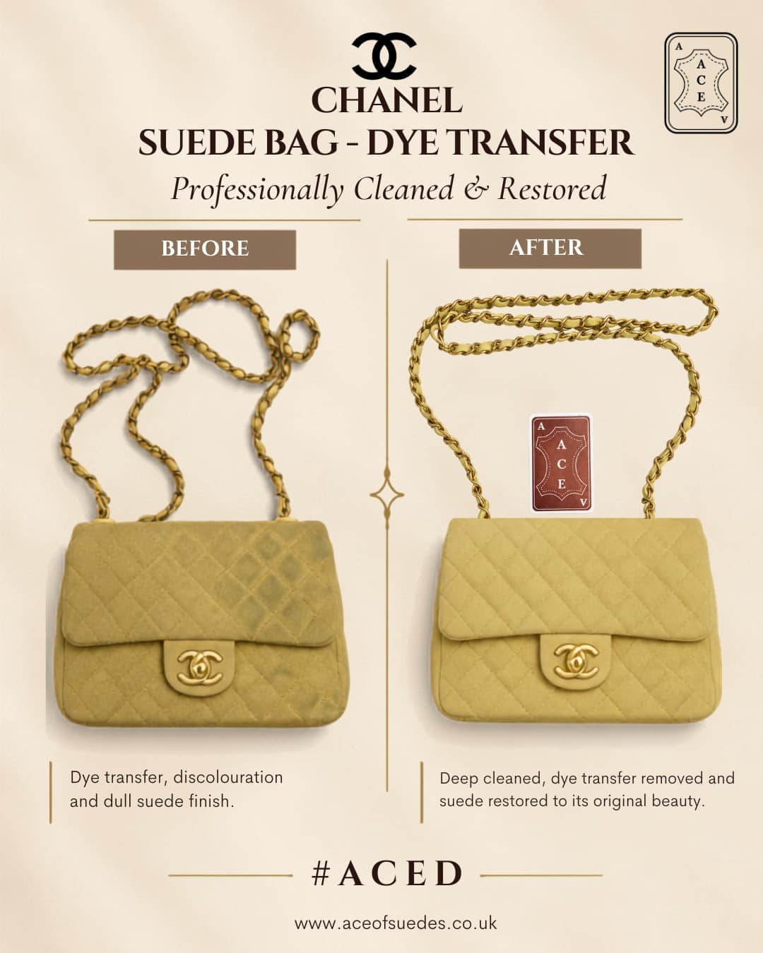 Chanel suede bag — dye transfer removed