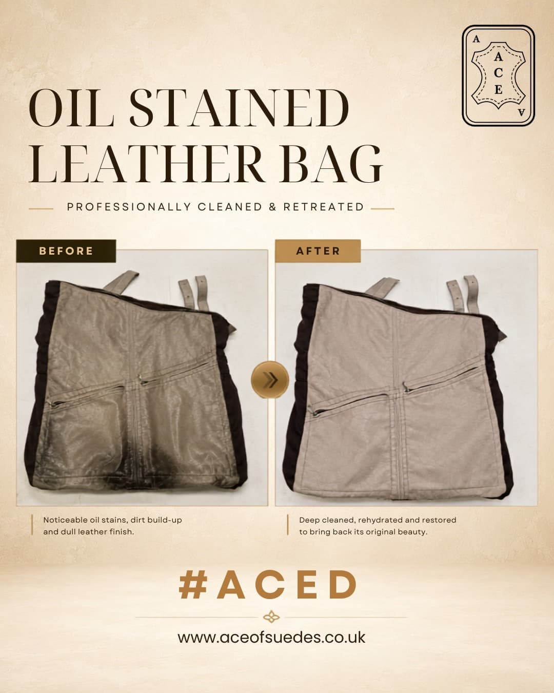 Oil-stained leather bag cleaned and retreated