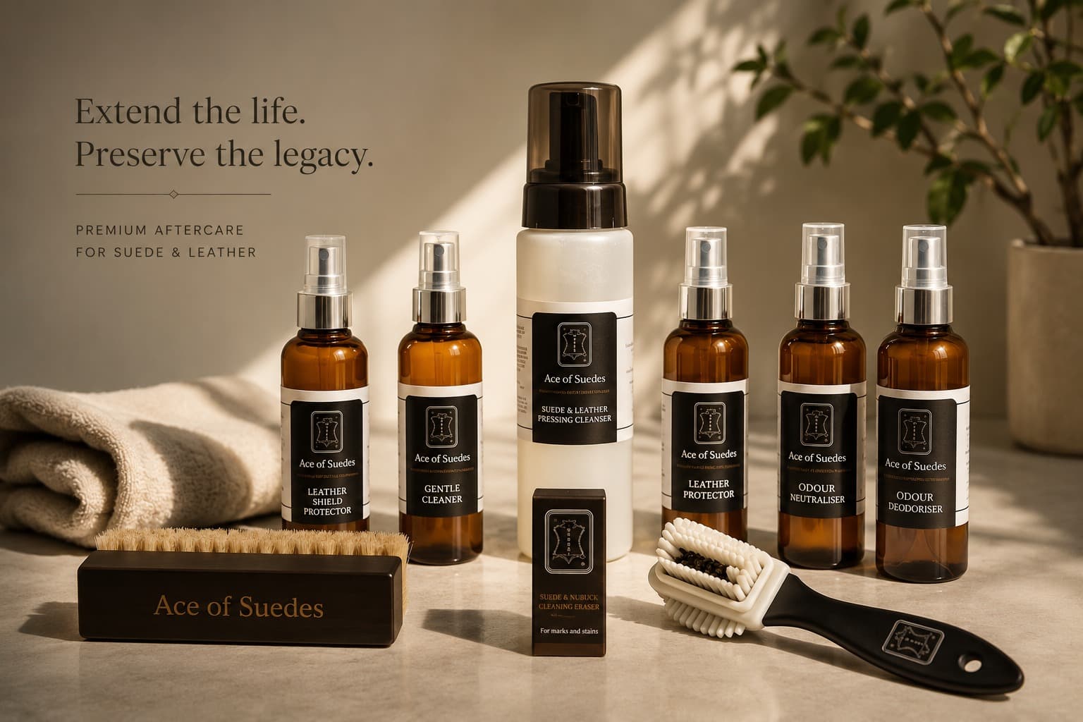 The Ace of Suedes premium aftercare range — leather and suede protectors, gentle cleaner, pressing cleanser, odour neutraliser and brushes