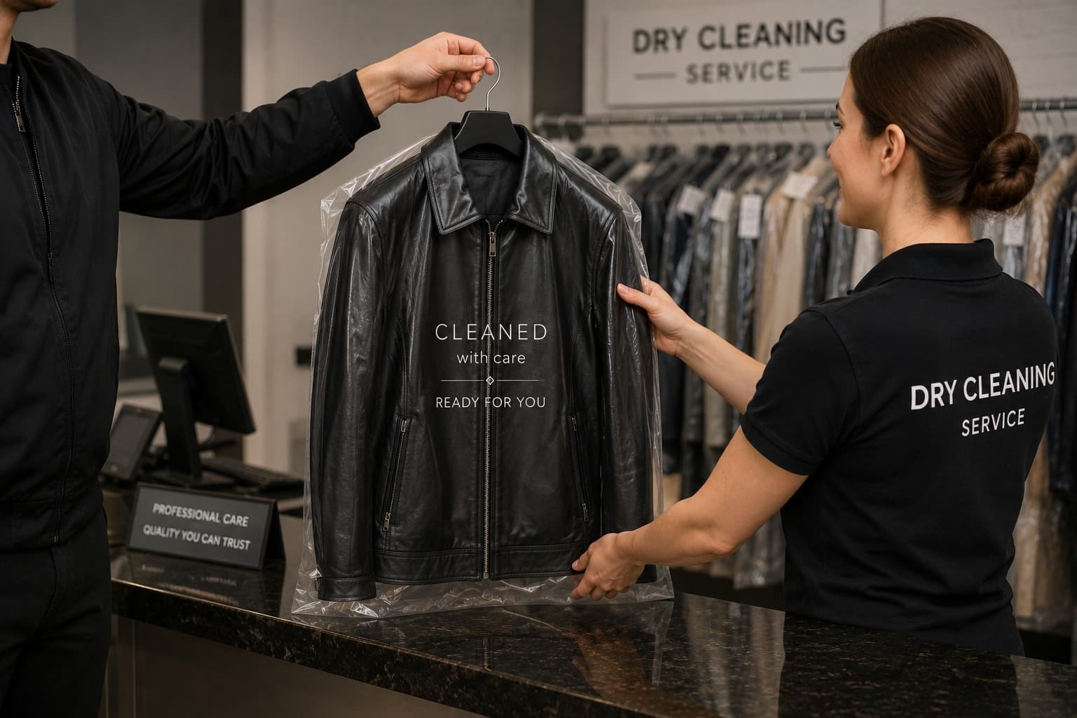A freshly cleaned leather jacket bagged and handed over at a professional dry-cleaning counter